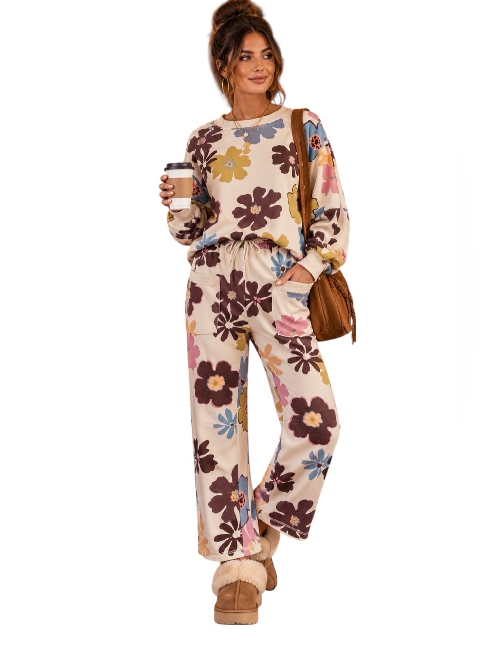 Easel Two Piece Floral Soft French Terry long sleeve top and lounge pants - Picture 8 of 8